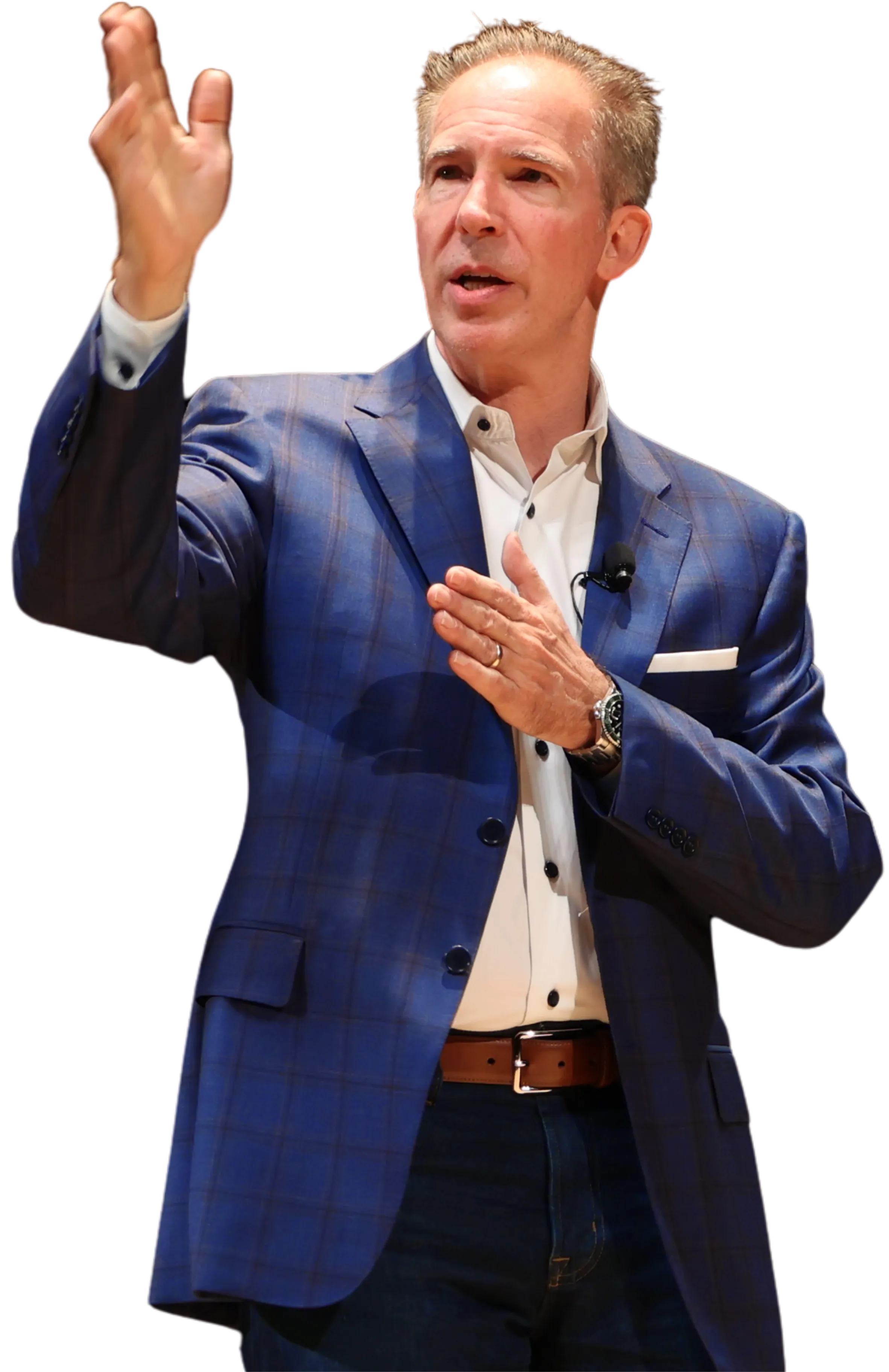 David Lee Jensen on stage, mid-presentation