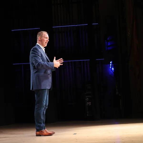 David Lee Jensen mid-keynote at the Orpheum Theatre